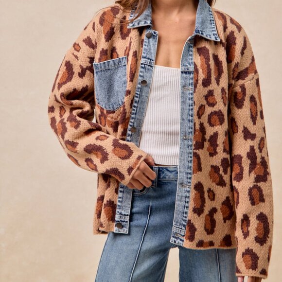 SOLD OUT BIBI Leopard Print Denim Jean Jacket Animal Print Cardigan - Picture 10 of 14